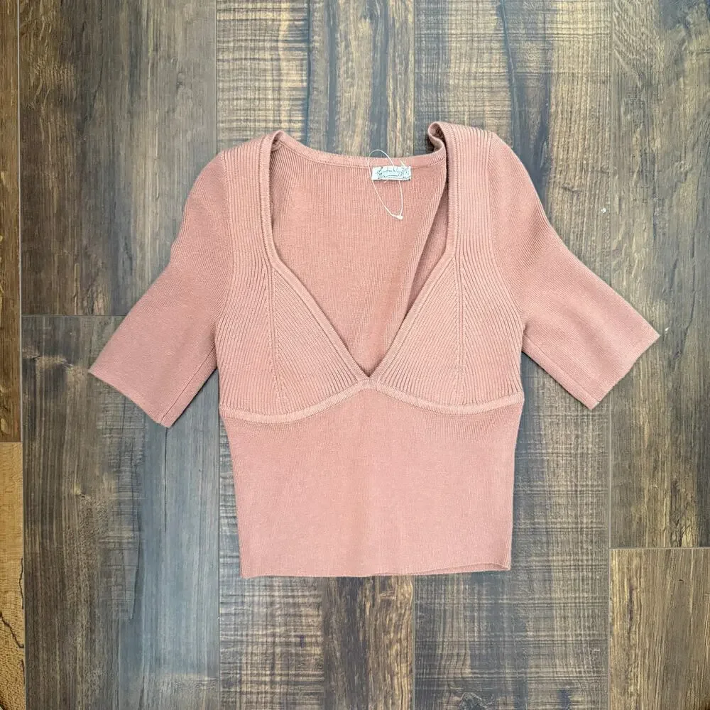 NWOT Free People Teagan Swit Short Sleeve Knit Ribbed Top Sweater - xs